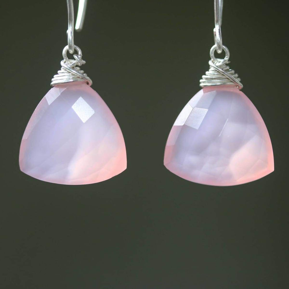 Earrings Triangular pink chalcedony earrings with silver wire wrapped on sterling marquise ear wires