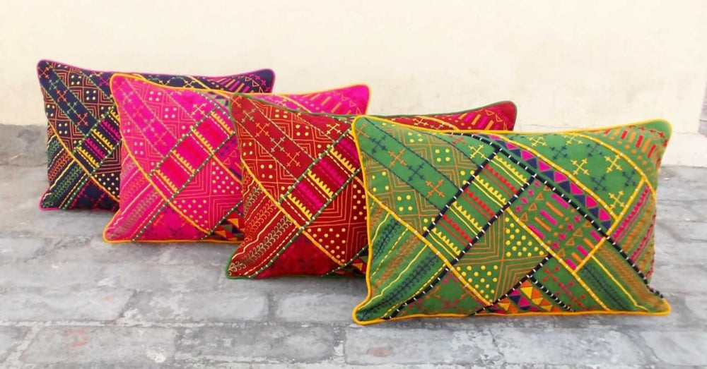 Tribal Green Pillow Embroidered And Welted Cotton Throw Ethnic Asian Size 14x21 Inches - By Vliving