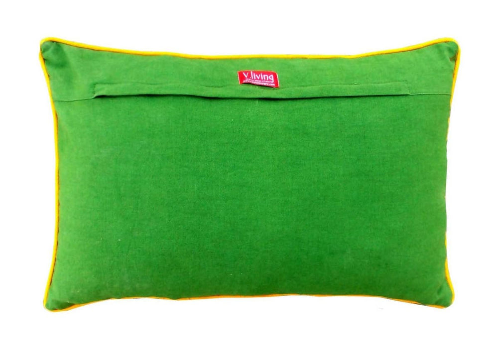 Tribal Green Pillow Embroidered And Welted Cotton Throw Ethnic Asian Size 14x21 Inches - By Vliving