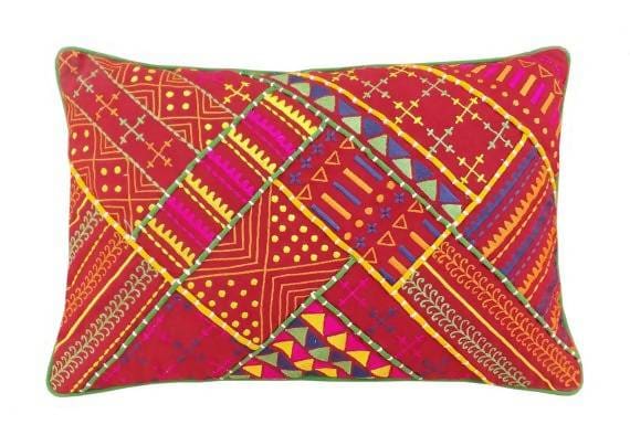 Tribal Red Pillow Embroidered And Welted Cotton Throw Ethnic Asian Size 14x21 Inches - By Vliving