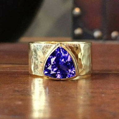 Trillion Tanzanite Ring Halo 925 Sterling Silver Gemstone Handmade Women Jewelry Wide Band Hammered - By Jaipur Art Jewels