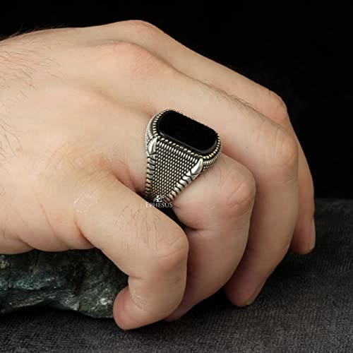 rings Turkish Handmade 925 Sterling Silver Jewelry Rectangle Black Onyx Ring - by InishaCreation