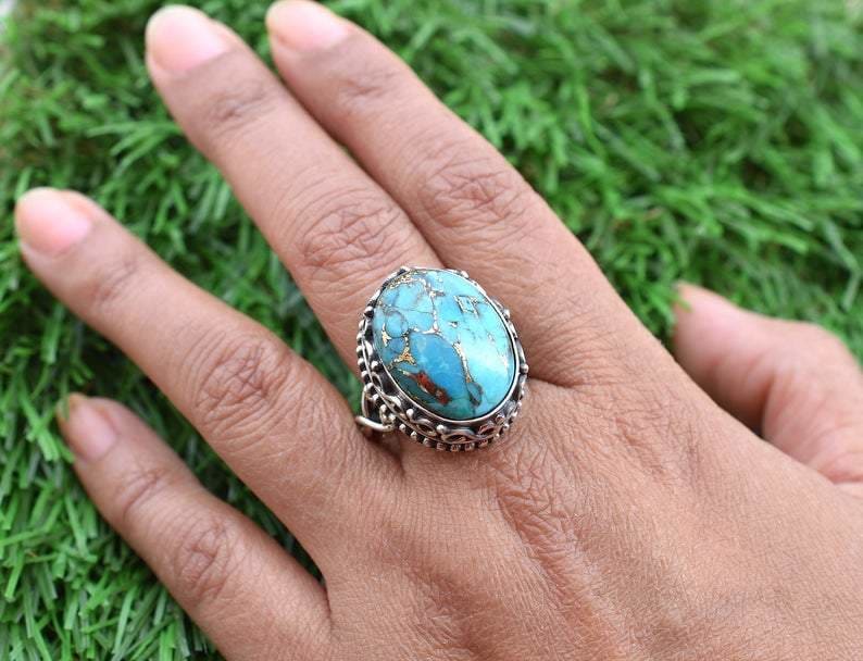 rings Turquoise 925 Sterling Silver Statement Ring Handcrafted Jewelry Gift for her - by GIRIVAR CREATIONS