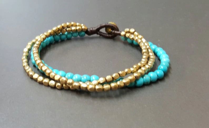 Turquoise Cube Chain Bracelet Beaded Bracelet,metal Beads Brass Bracelet,women - by Bymemade