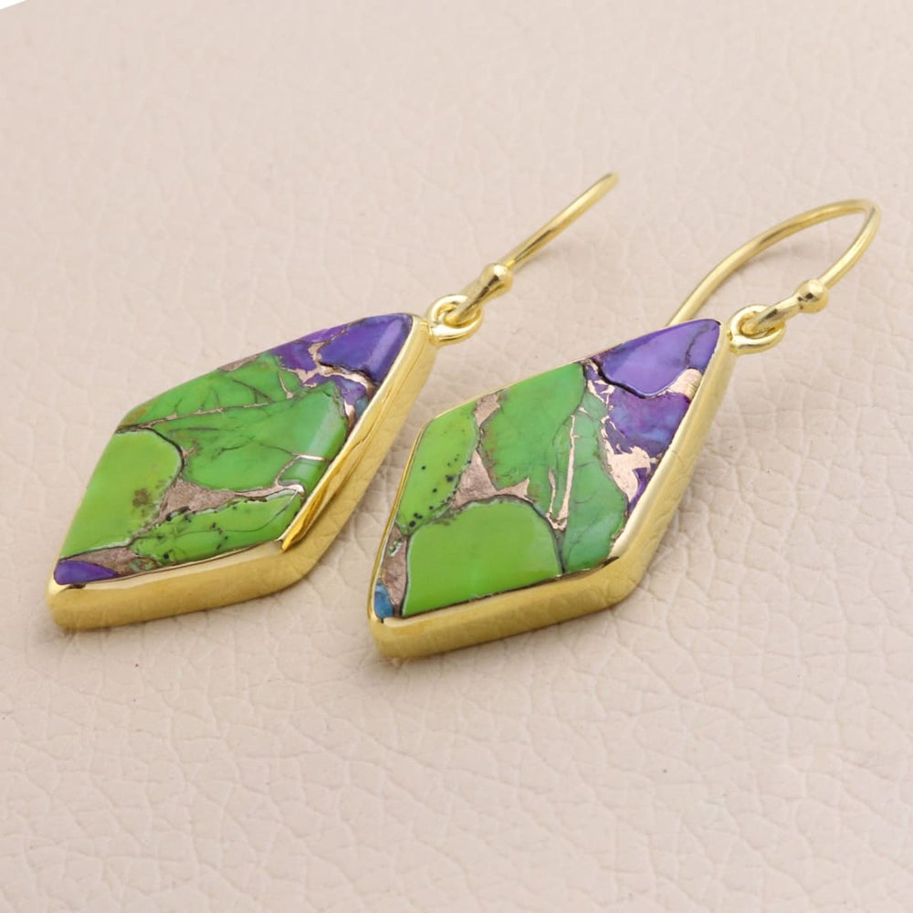 Turquoise Earring 925 Sterling Silver Green Purple Copper Drop 15X44mm Gift For Women - by Rajtarang