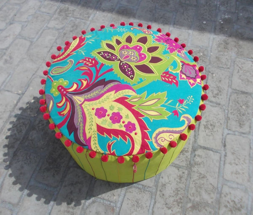 Turquoise & Green Stylized Floral Pouf Bohemian Ottoman Cover Appliqued And Embroidered With Pompoms 22x12 Inches - By Vliving