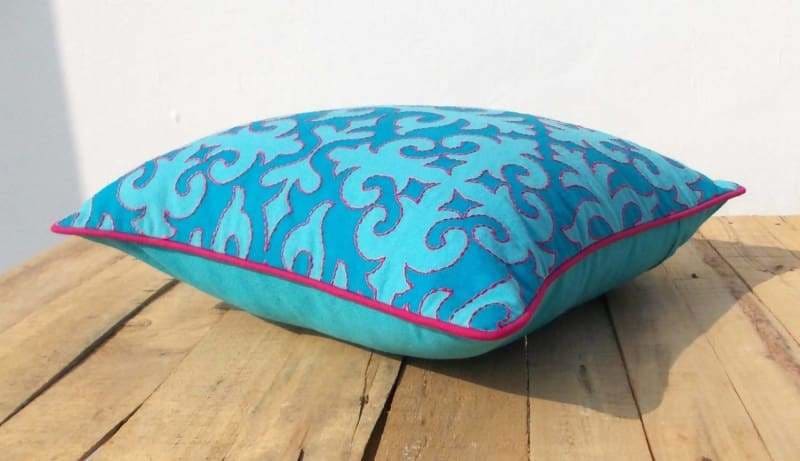 Turquoise pillow cover moroccan print bright pink piping and embroidery 100% cotton bohemian tribal size available - Pillows & Cushions