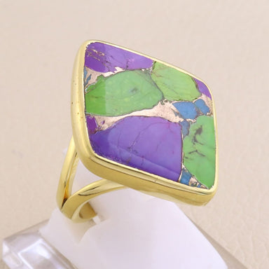 Turquoise Ring Green Purple Copper 925 Sterling Silver Gemstone 20X26mm Gift For Men - 6 / Yellow Gold by Rajtarang