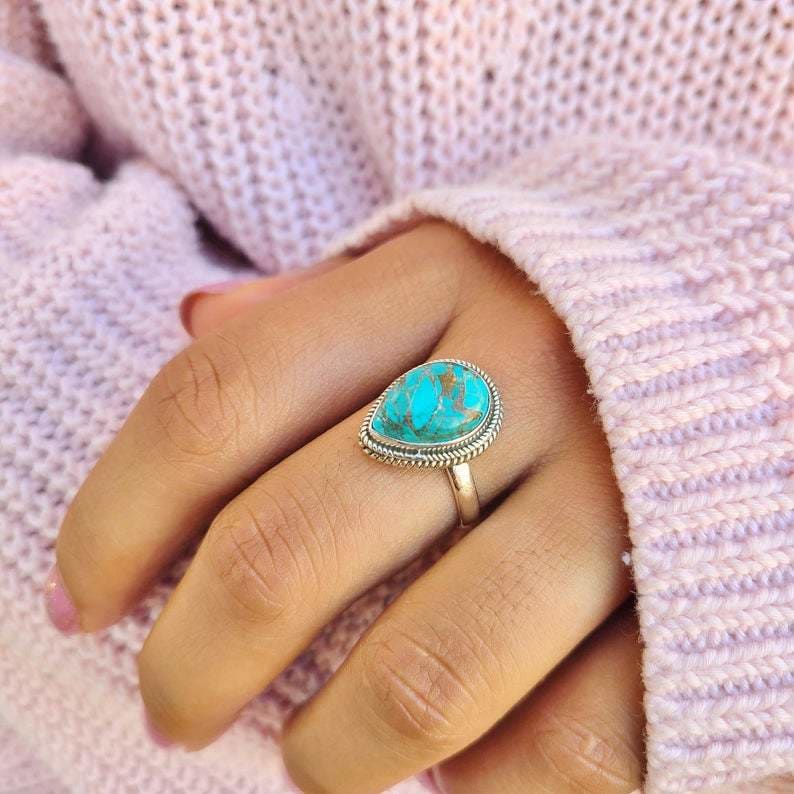 rings Turquoise Statement Teardrop Ring Handcrafted Jewelry Gift for her - by GIRIVAR CREATIONS