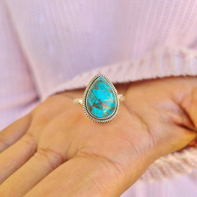 rings Turquoise Statement Teardrop Ring Handcrafted Jewelry Gift for her - by GIRIVAR CREATIONS