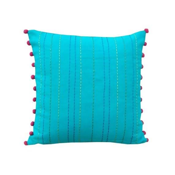 Turquoise Throw Pillow Cover Cotton House Wares Rice Stitch Embroidery Pom Pom,standard Size 16x 16 - By Vliving