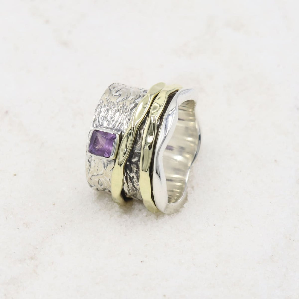 Unique Design Two Tone Sterling Silver Spinner Ring With Amethyst Gemstone - By Rajtarang