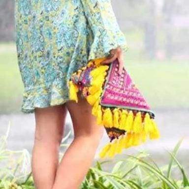 Unique Yellow and Pink Clutch with Tassels - Clutches