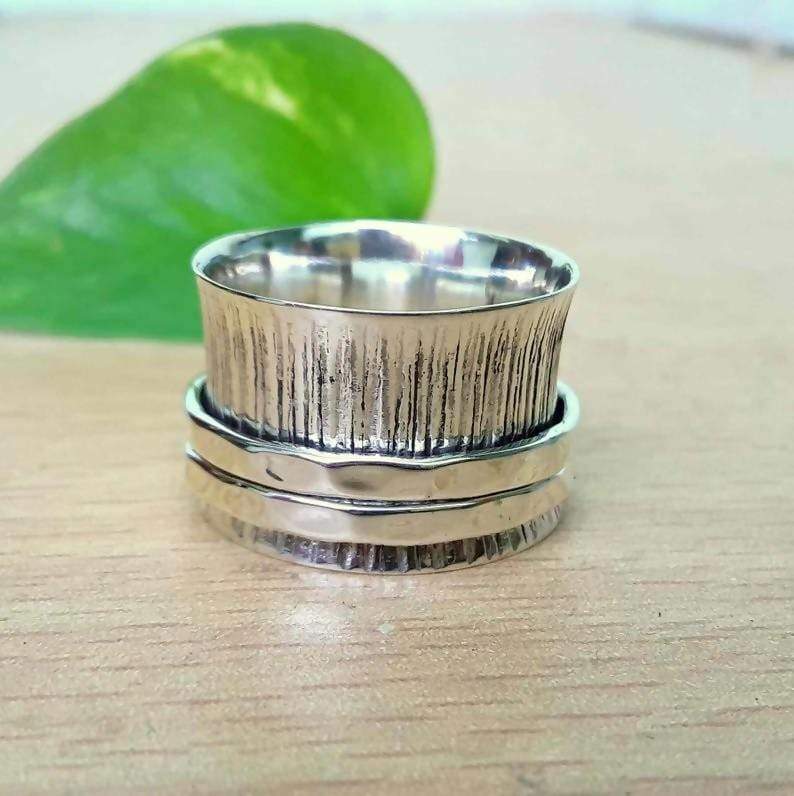 Rings Unisex ring 925 Sterling silver Textured Spinner Meditation ring,Anxiety 3 tone Fidget Hammered Silver jewelry