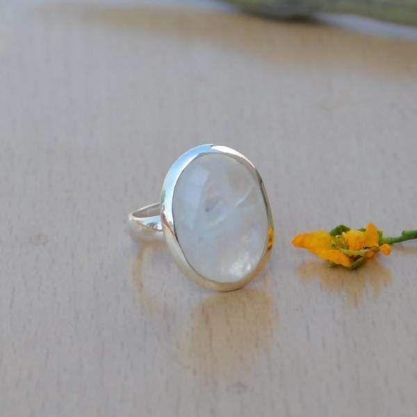 Rings AAA Vibrant Rainbow Moonstone Gemstone Ring -Faceted - Sterling Silver - Lovely Size 8