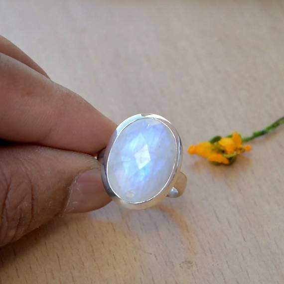 Rings AAA Vibrant Rainbow Moonstone Gemstone Ring -Faceted - Sterling Silver - Lovely Size 8