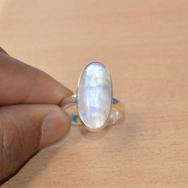 Rings AAA Vibrant Rainbow Moonstone Gemstone Ring -Oval Cab - Sterling Silver -Lovely All Size