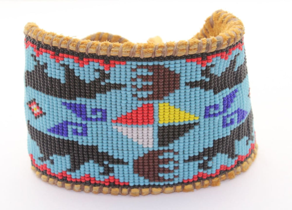 Bracelets Warrior’s Journey Beaded Wolf and Bear Medicine Bracelet on Tan Deer Hide for Men Women - by Pachamama Native Art