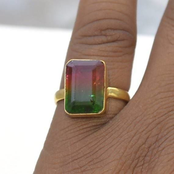 rings Watermelon Tourmaline Gemstone Ring- Yellow Gold on Sterling Silver Lovely Artisan Handmade Baguette Ring - by NativeFineJewelry