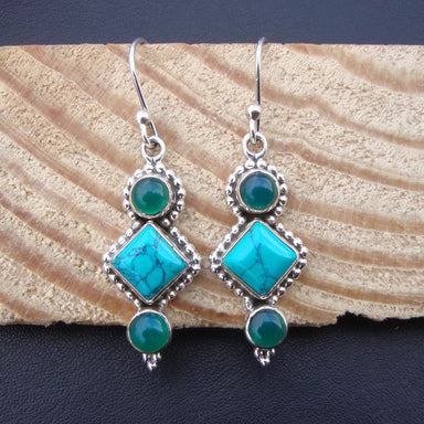 Wedding Gift,Beautiful Green Onyx & Turquoise Hand Crafted 925 Sterling Silver Dangle Earrings - by Vidita Jewels