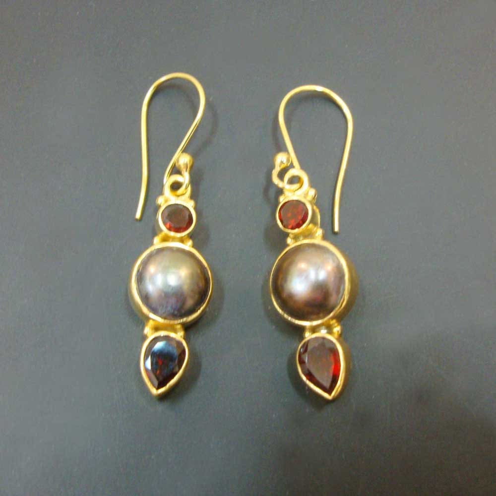 Wedding Gift,Lovely Red Garnet Or Pearl Dangle Drops 925 Sterling Silver Handmade Gold Plated Earrings For Gift - by Vidita Jewels