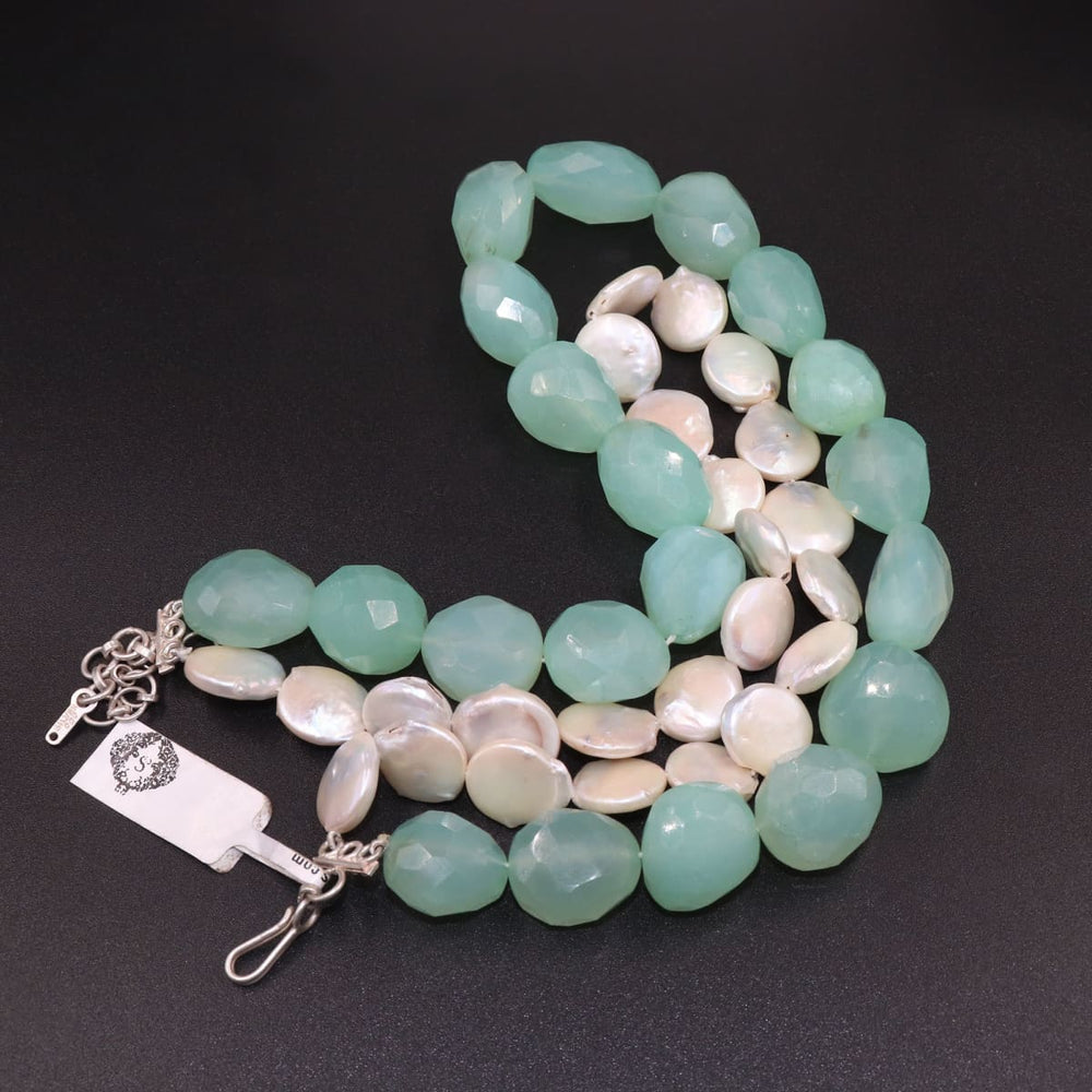 Wedding Gift Natural Aqua Chalcedony & Coin Pearl Gemstone 925 Sterling Silver Tumble Necklace Beaded Gorgeous - by Vidita Jewels