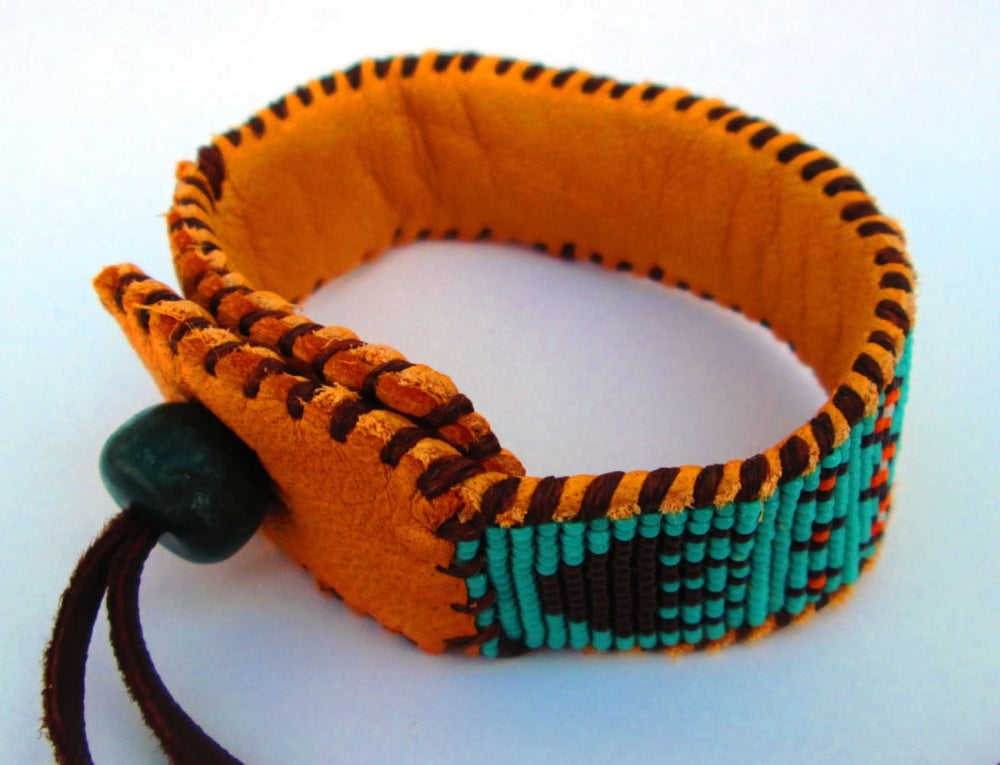 Bracelets Wetlands Native American Inspired Beaded Seafoam Orange and Brown Cuff Bracelet on Deer Hide - by Pachamama Art