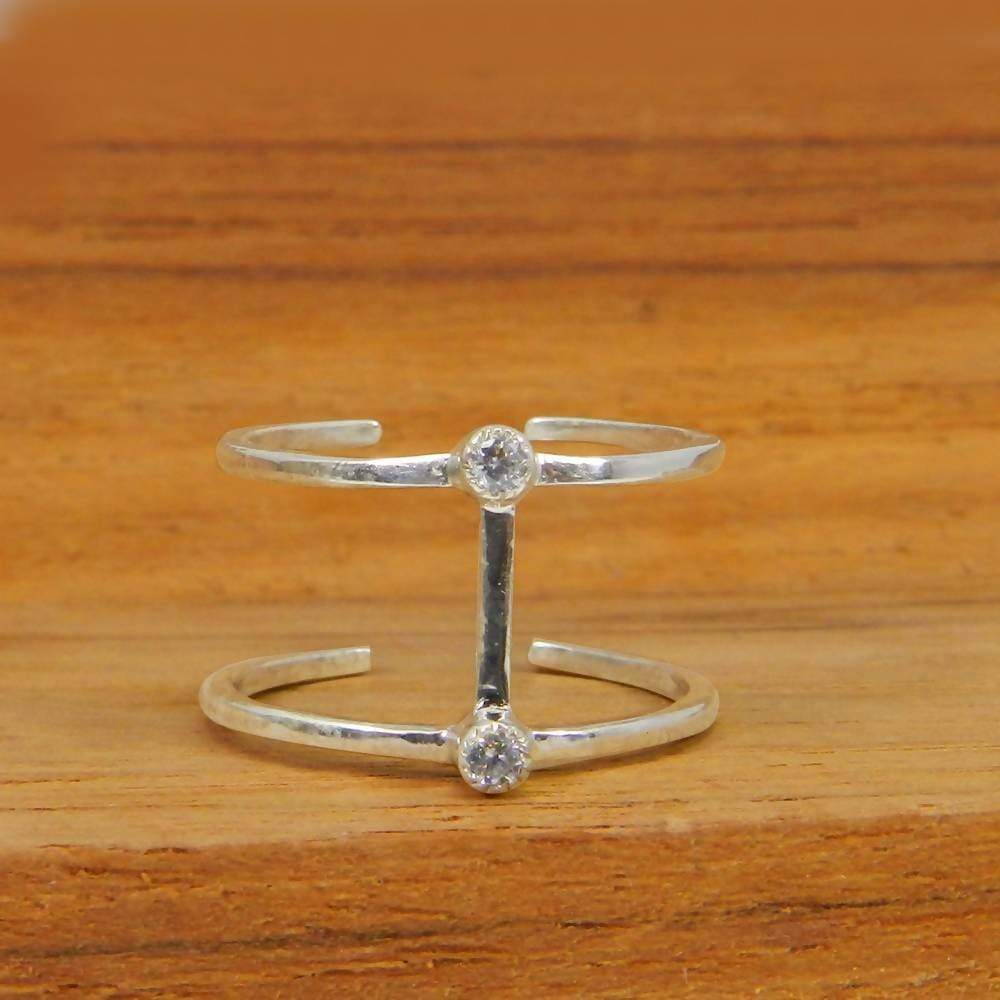 Rings White CZ 925 Sterling Silver Minimalist Double Bar Adjustable Ring Jewelry