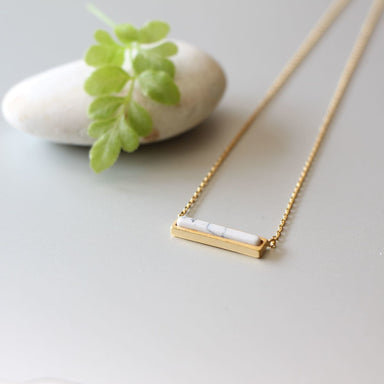 White Howlite Bar Gold Necklace Minimalist Neck Charm Gold Plated Brass N3 - By Silver Soul Charms