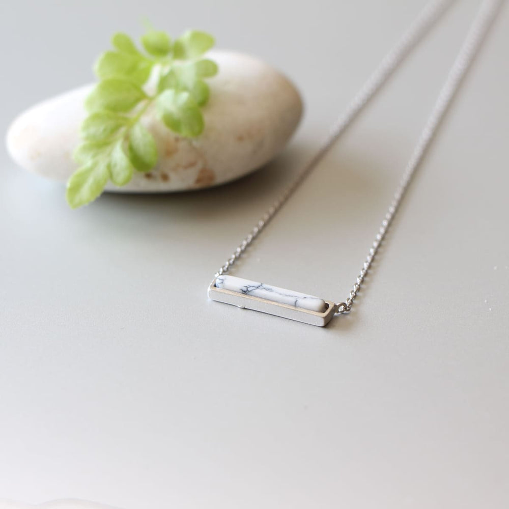 White Howlite Bar Necklace Silver And White Minimalist Rhodium Elegant Gift N7 - By Soul Charms