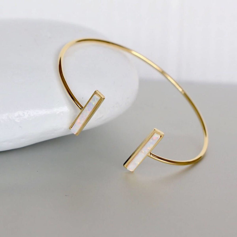 bracelets White Opal Bracelet Double Stone Bar Open And Adjustable Bangle Gold Bangles Minimalist Jewelry Bridesmaids Gift MB38 - by Silver 