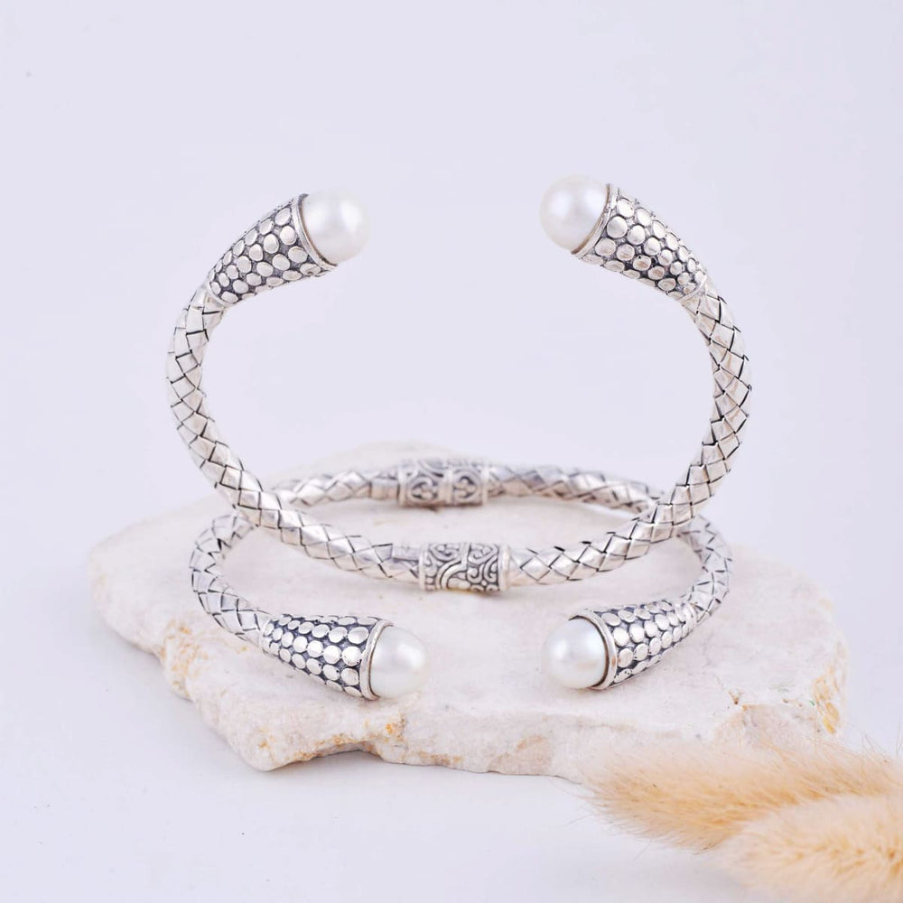 White Pearl Woven Cuff Bracelet Gemstone Handmade Bali Jewelry Gift - by Aurolius