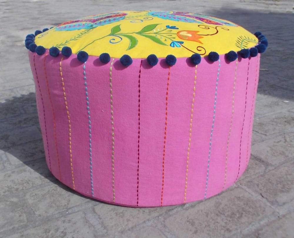 Yellow & Bright Pink Stylized Floral Pouf Cover Bohemian Ottoman Appliqued And Embroidered With Pompoms 22x12 Inches - By Vliving