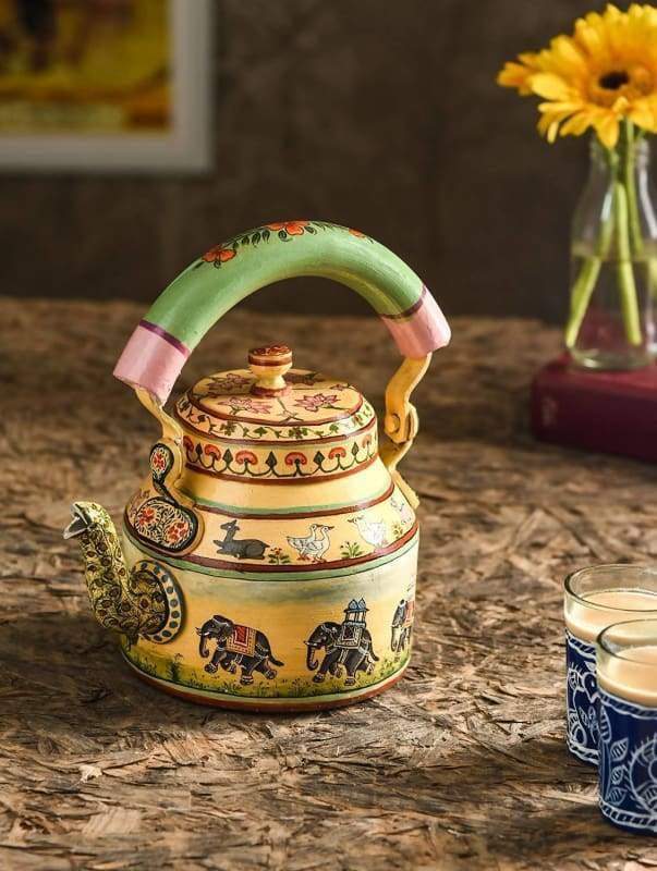 KAUSHALAM HAND PAINTED TEA CETTLE : WALKING ELEPHANT - Title - Painted Teapots