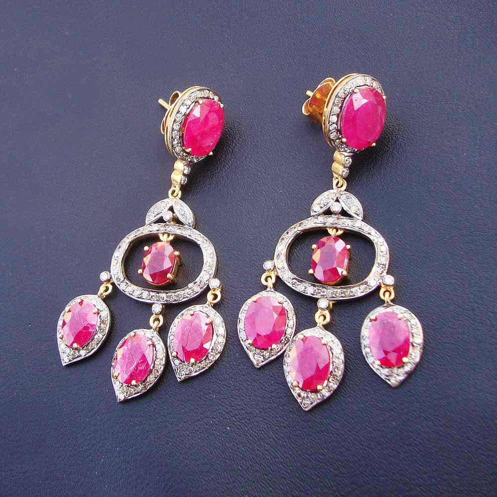 earrings 14k Yellow Gold Natural Top Quality Ruby Diamonds Victorian Style Earrings - by Vidita Jewels