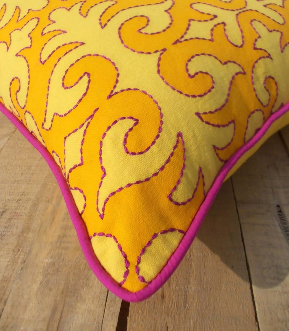 Yellow Pillow Cover Moroccan Print Bright Pink Piping And Embroidery 100% Cotton Bohemian Tribal Size Available - By Vliving