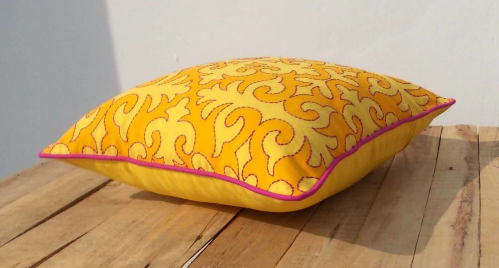 Yellow Pillow Cover Moroccan Print Bright Pink Piping And Embroidery 100% Cotton Bohemian Tribal Size Available - By Vliving