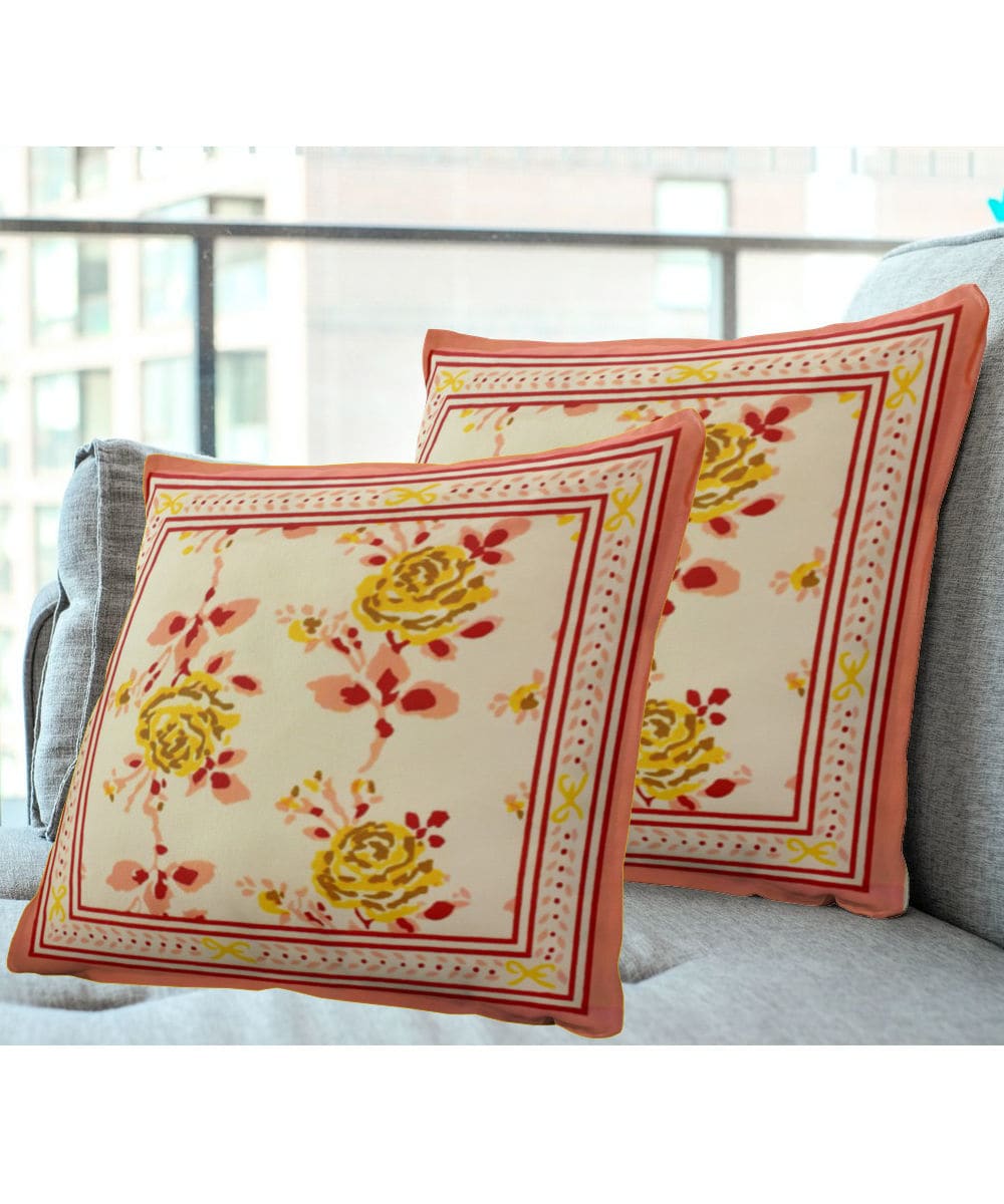 Yellow Rose Hand Block Printed Cushion Covers (Set of 2) - by Vermilion Lifestyle