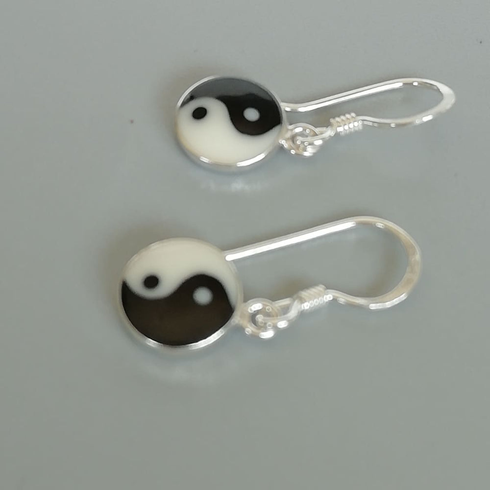 Yin Yang Ear Danglers | 8mm Sterling Silver and Mother of Pearl | Good Luck Jewelry | E927 - by Oneyellowbutterfly