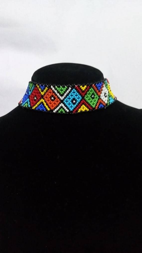 Zulu Choker Necklace Beaded African Necklace Christmas Gift for her Bohemian Colorful Choker - by Naruki Crafts