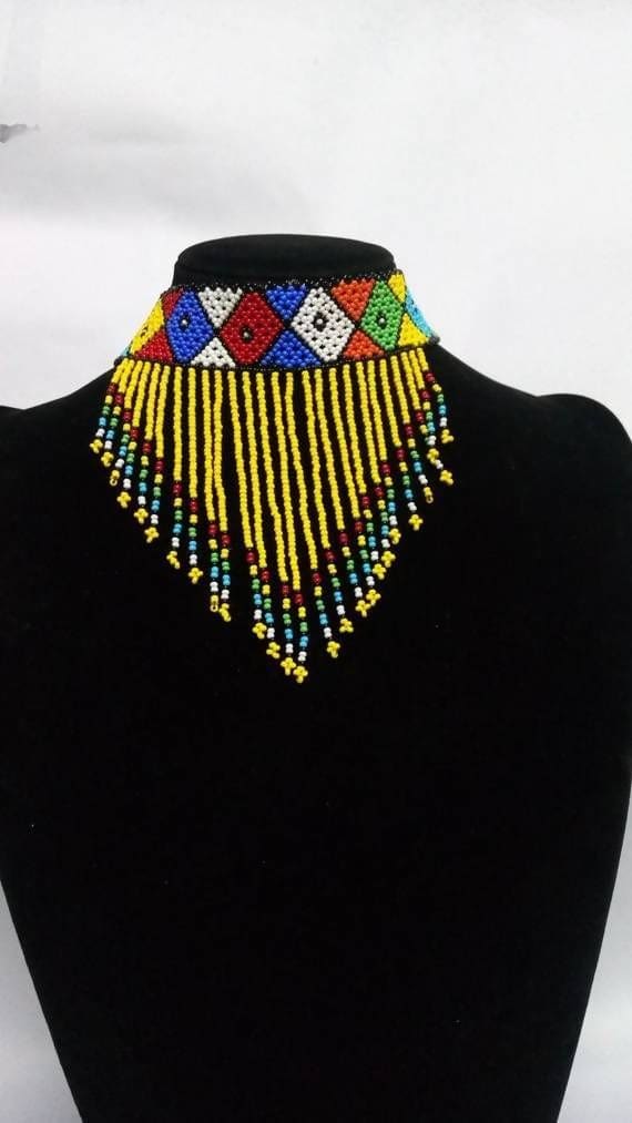 Zulu Choker Necklace Beaded Necklace Tassel African Gift for Women - by Naruki Crafts